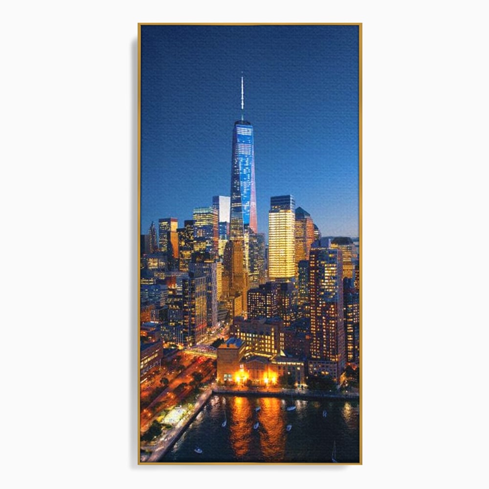Tablou canvas cu panoramic nocturn cu zghiet-nori din new york, in rama de aluminiu auriu